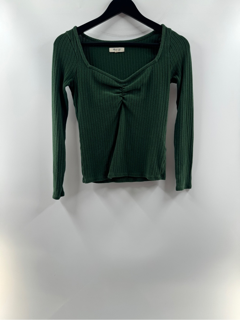 Madewell Ribbed Sweetheart Long Sleeve Top Green Women’s XS Ruched Front